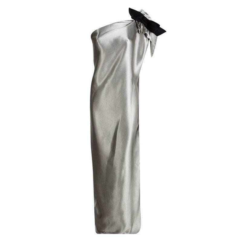 Lanvin Silver Satin Bow Detail One Shoulder Maxi Dress L