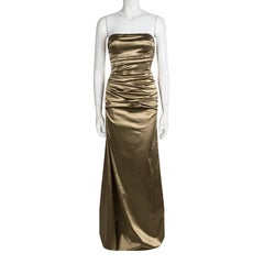 Dolce and Gabbana Brown Ruched Satin Strapless Gown S