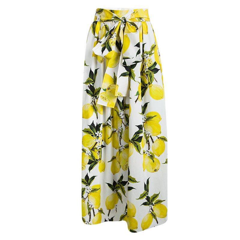 Dolce and Gabbana Lemon Printed Cotton Gathered Belted Maxi Skirt L