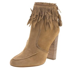 Aquazzura Beige Suede Tiger Lily Fringe Ankle Boots Size 38