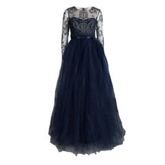 Marchesa Notte Navy Blue Floral Lace Long Sleeve Tulle Gown M