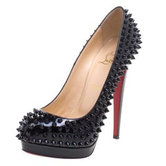 Christian Louboutin Black Patent Leather Lady Peep Toe Spike Platform Pumps Size Christian Louboutin Black Patent Leather Lady Peep Toe Spike Platform Pumps Size