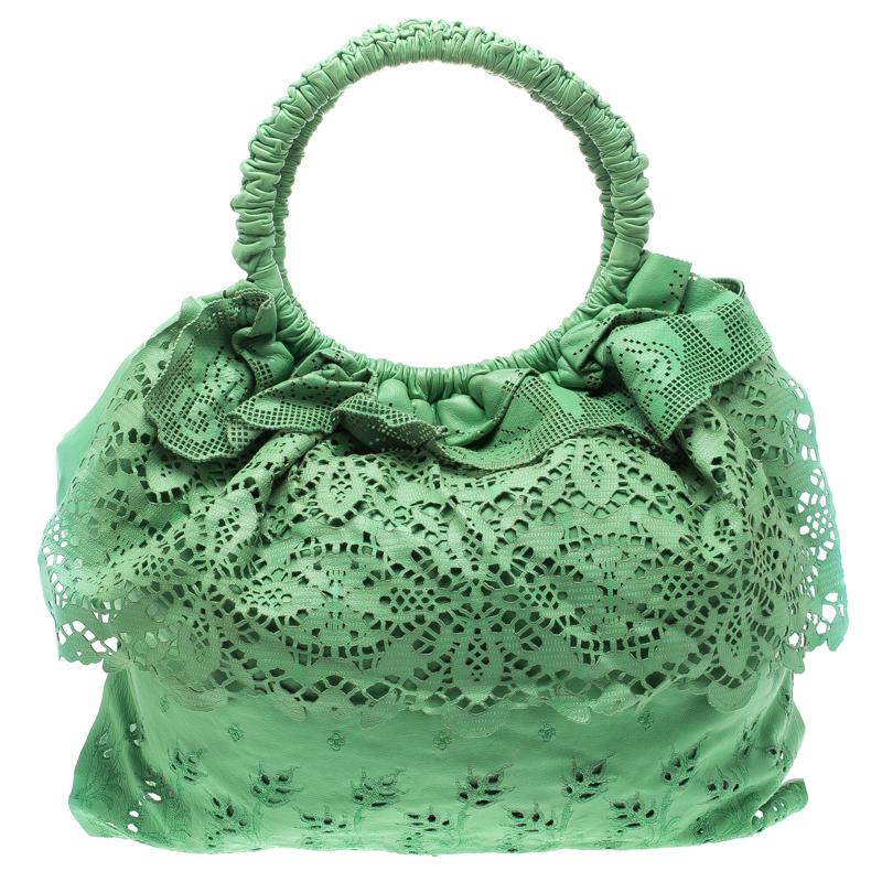 Women's Valentino Light Green Laser Cut Leather Laceland Hobo