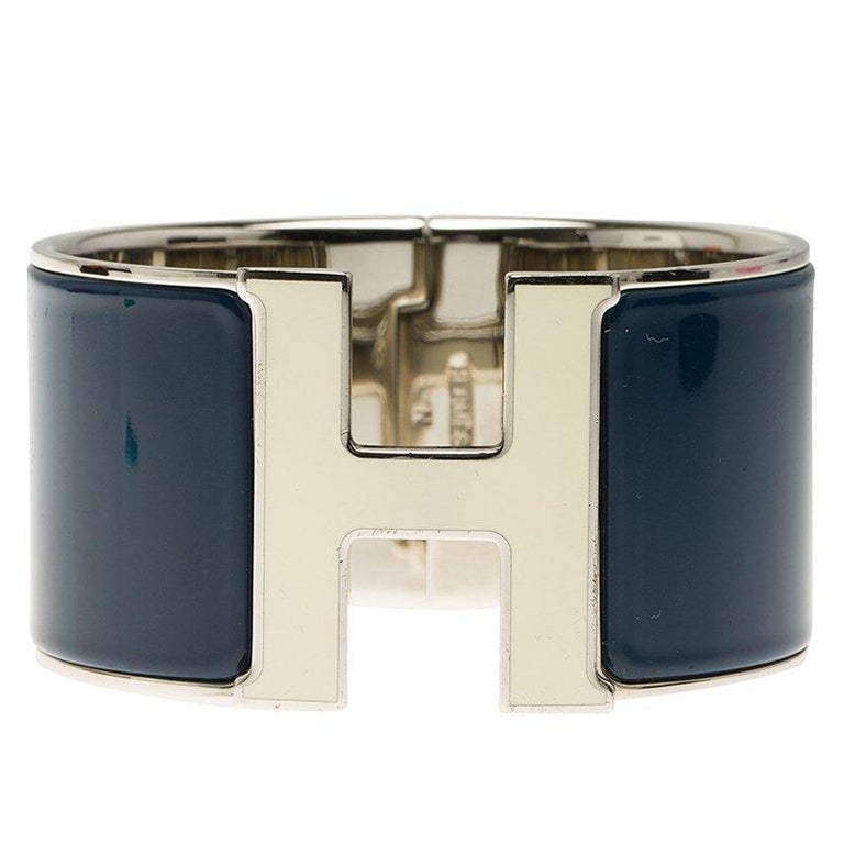 Hermes Clic H Extra Wide Blue Enamel Palladium Plated White Lacquered H ...