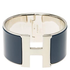 Hermes Clic H Extra Wide Blue Enamel Palladium Plated White Lacquered H Bracelet