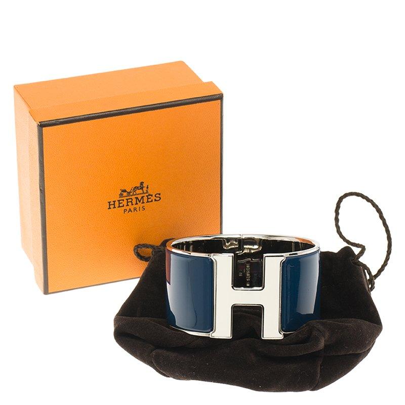 Hermes Clic H Extra Wide Blue Enamel Palladium Plated White Lacquered H Bracelet 2