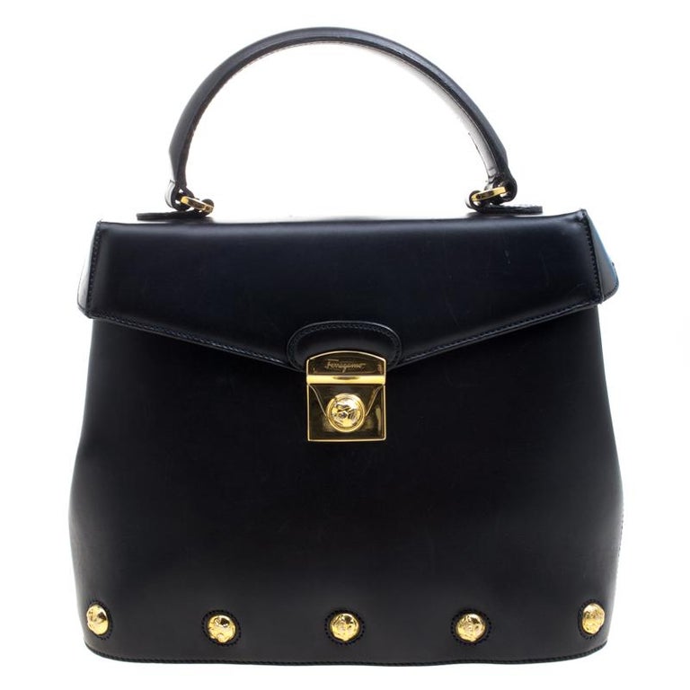 Salvatore Ferragamo Black Leather Vintage Studded Top Handle Bag at 1stDibs