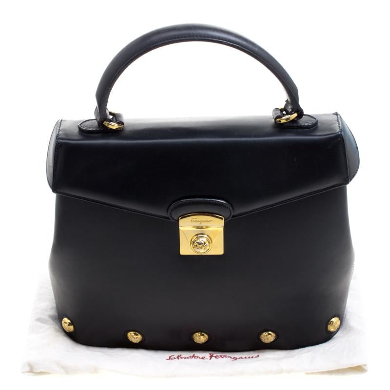 Salvatore Ferragamo Black Leather Vintage Studded Top Handle Bag at