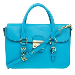 Miu Miu Turquoise Blue Leather Large Madras Flap Satchel Bag