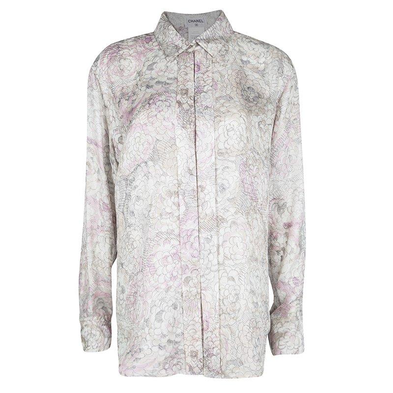 Chanel Multicolor Floral Printed Silk Long Sleeve Blouse L
