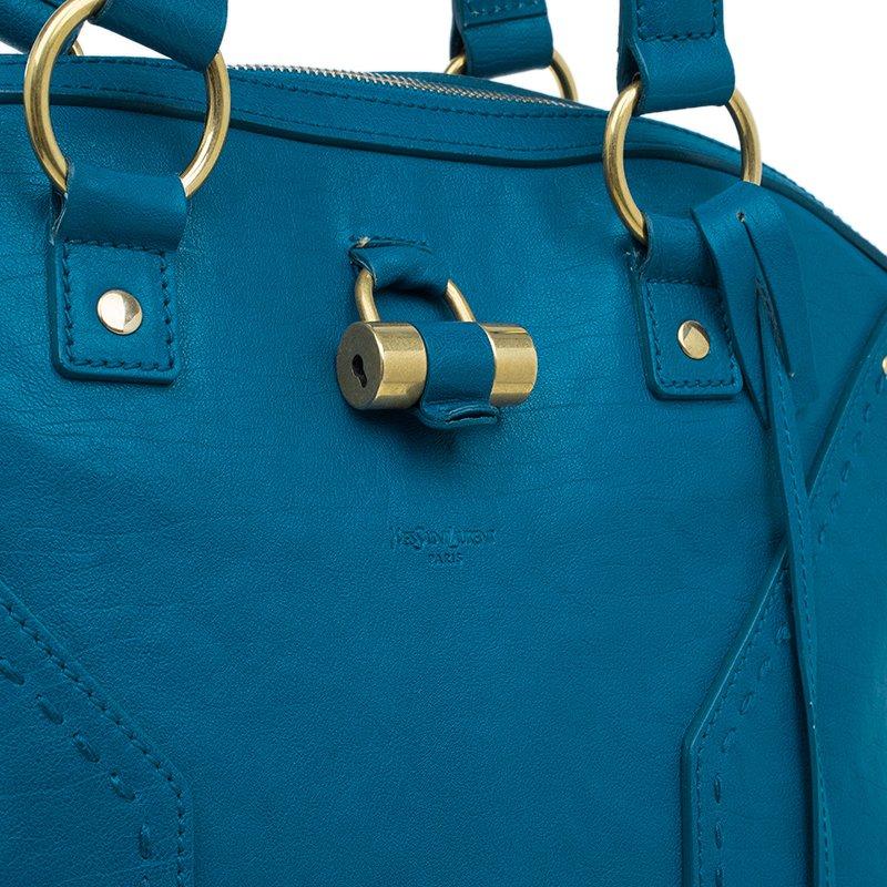 Saint Laurent Paris Turquoise Blue Leather Oversize Muse Tote In Good Condition In Dubai, Al Qouz 2