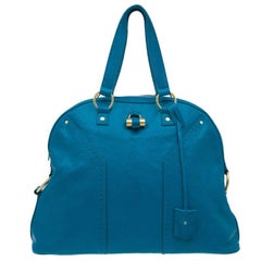 Saint Laurent Paris Turquoise Blue Leather Oversize Muse Tote