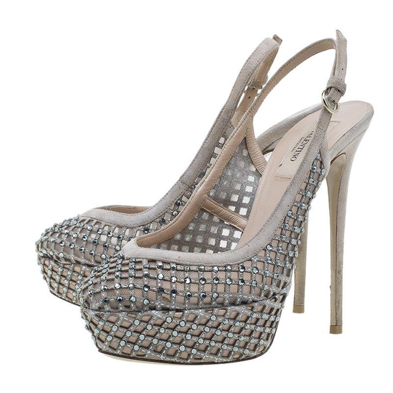 Valentino Beige Lattice Crystals Studded Slingback Platform Sandals Size 38 1