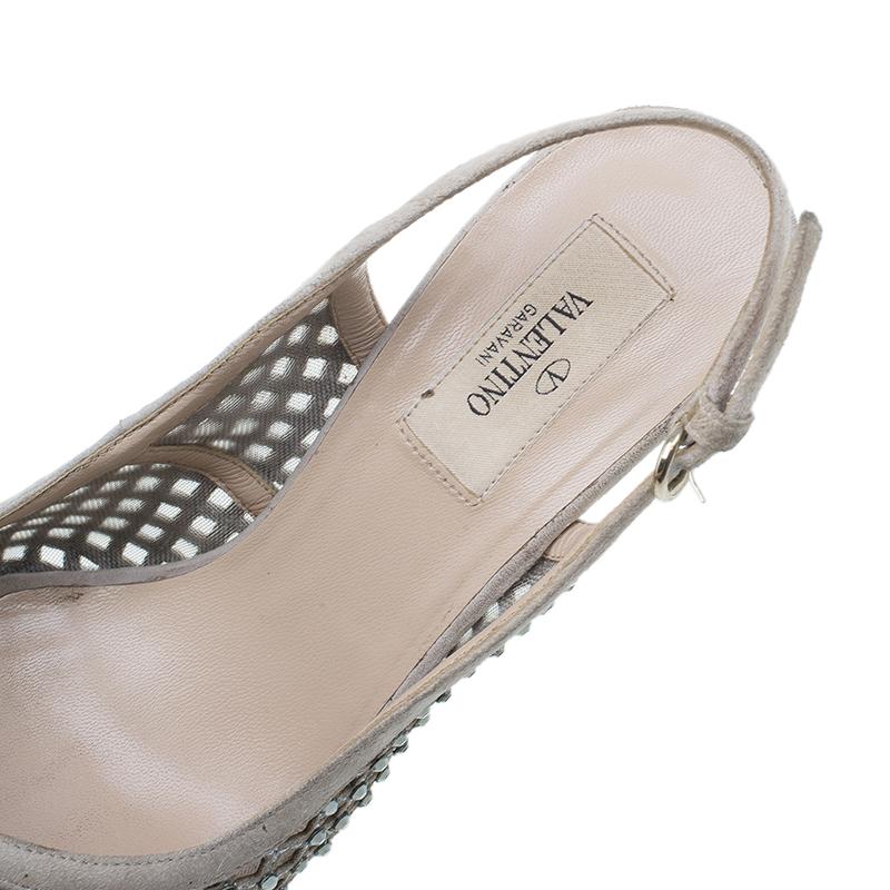 Valentino Beige Lattice Crystals Studded Slingback Platform Sandals Size 38 4
