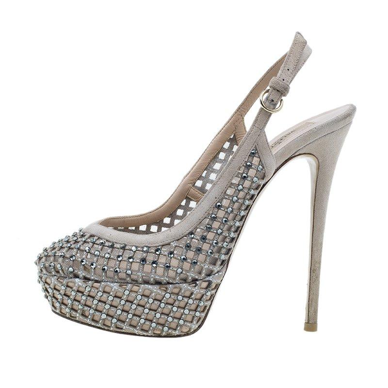Valentino Beige Lattice Crystals Studded Slingback Platform Sandals Size 38 3