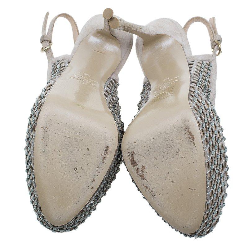 Women's Valentino Beige Lattice Crystals Studded Slingback Platform Sandals Size 38