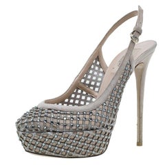 Valentino Beige Lattice Crystals Studded Slingback Platform Sandals Size 38