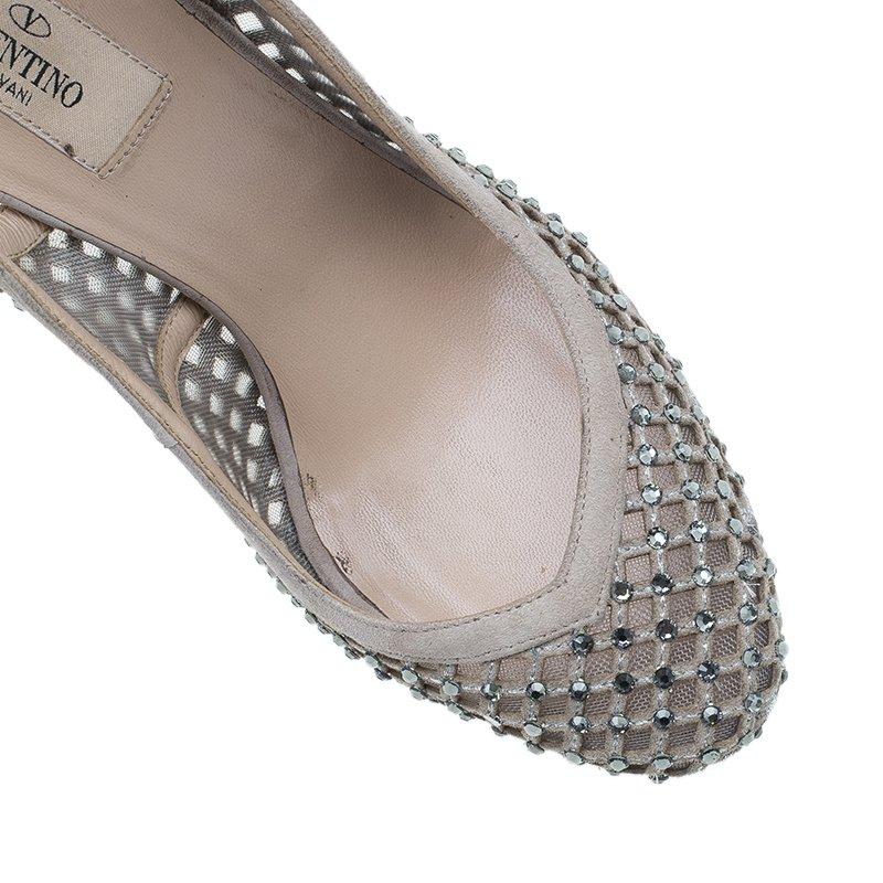 Valentino Beige Lattice Crystals Studded Slingback Platform Sandals Size 38 7