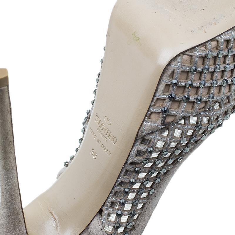 Valentino Beige Lattice Crystals Studded Slingback Platform Sandals Size 38 5
