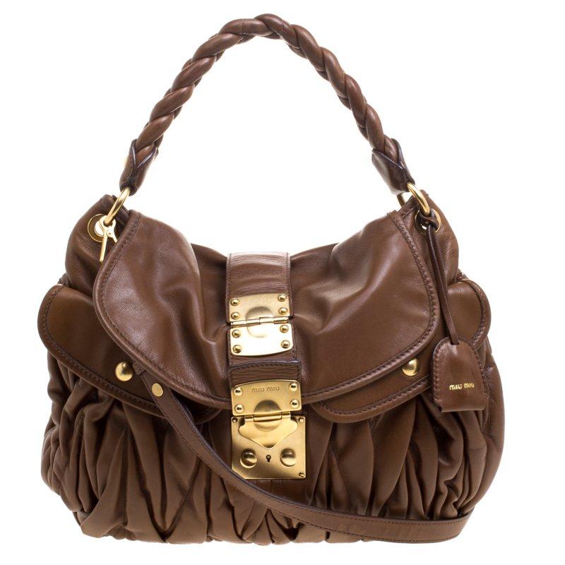 Miu Miu Brown Matelasse Lux Leather Coffer Hobo