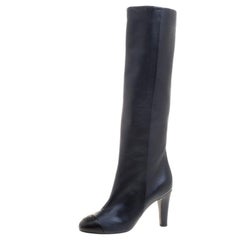 Chanel Pearl Black Leather CC Cap Toe Knee High Boots Size 40.5