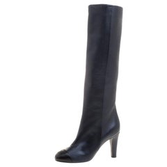 Chanel Pearl Cuir Noir Bottes CC Cap Toe Knee High Taille 40.5