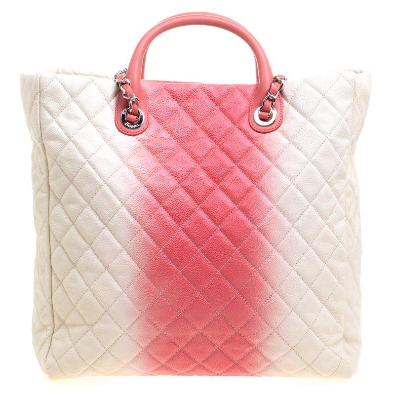 Chanel Cream/Rose Ombre Quilted Caviar Leather Shopping Tote In Excellent Condition In Dubai, Al Qouz 2