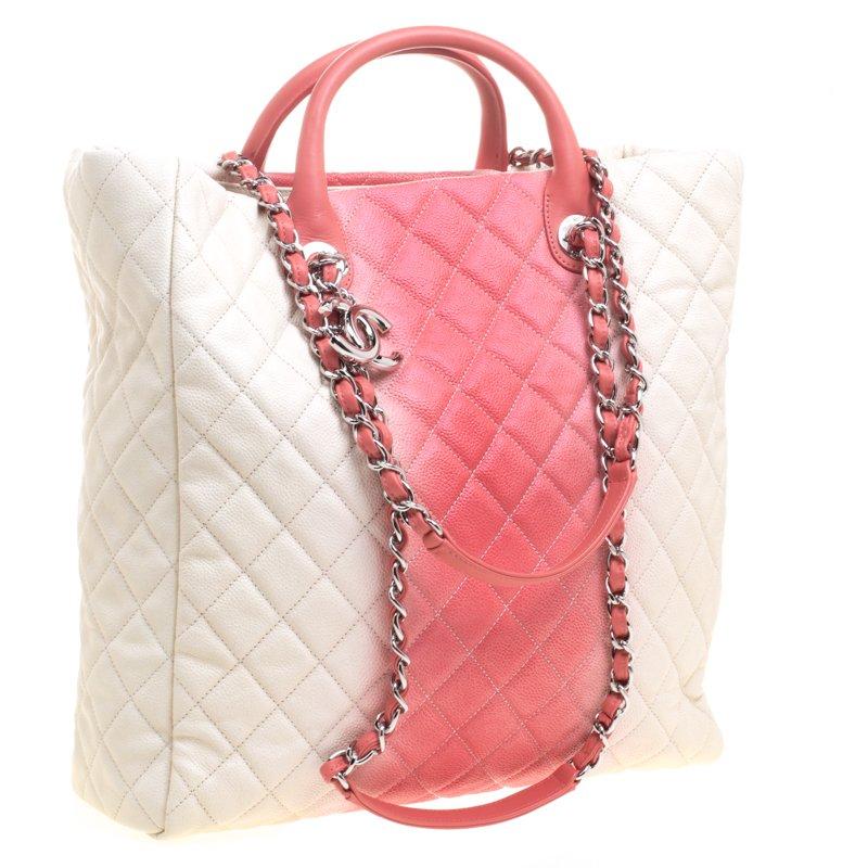 Pink Chanel Cream/Rose Ombre Quilted Caviar Leather Shopping Tote