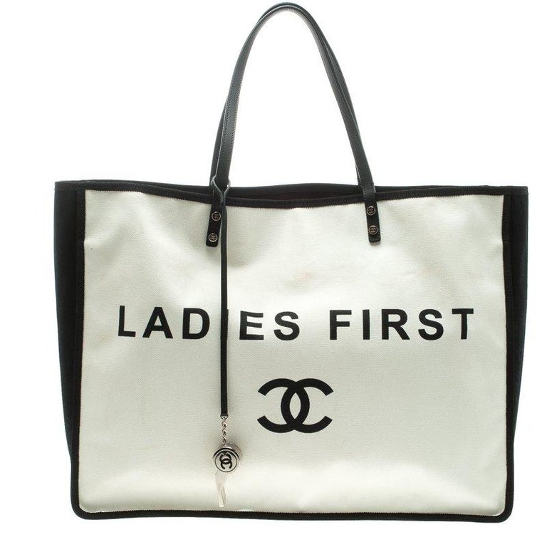 CHANEL, Bags, Chanel Ladies First Black White Large Canvas Shopping Tote