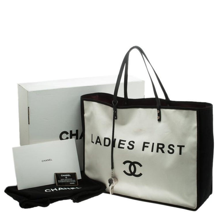 Chanel White/Black Canvas Ladies First Shopper Tote at 1stDibs  ladies  first chanel beach bag, chanel ladies first tote, chanel white canvas bag
