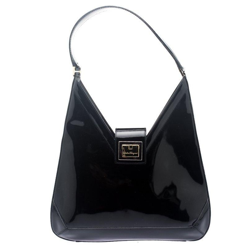 Salvatore Ferragamo Black Patent Leather Shoulder Bag