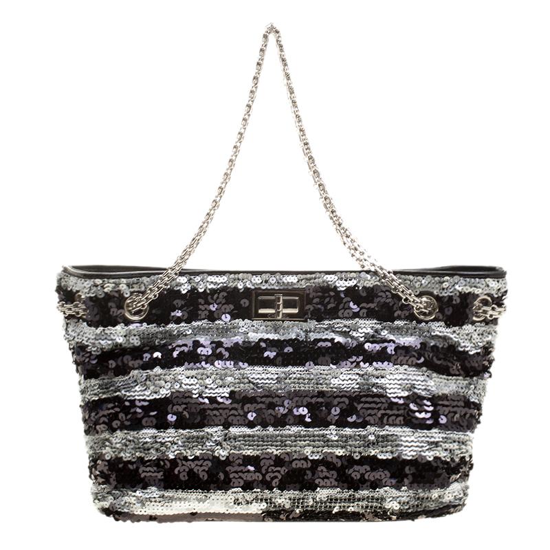 Chanel Black/Silver Stripe Sequins Reissue Shoulder Bag