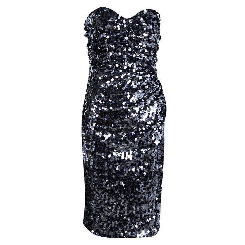 Dolce and Gabbana Silver Sequin Paillette Embellished Ruched Strapless Dress M