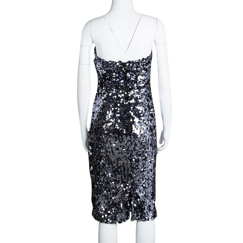 Black Dolce and Gabbana Silver Sequin Paillette Embellished Ruched Strapless Dress M