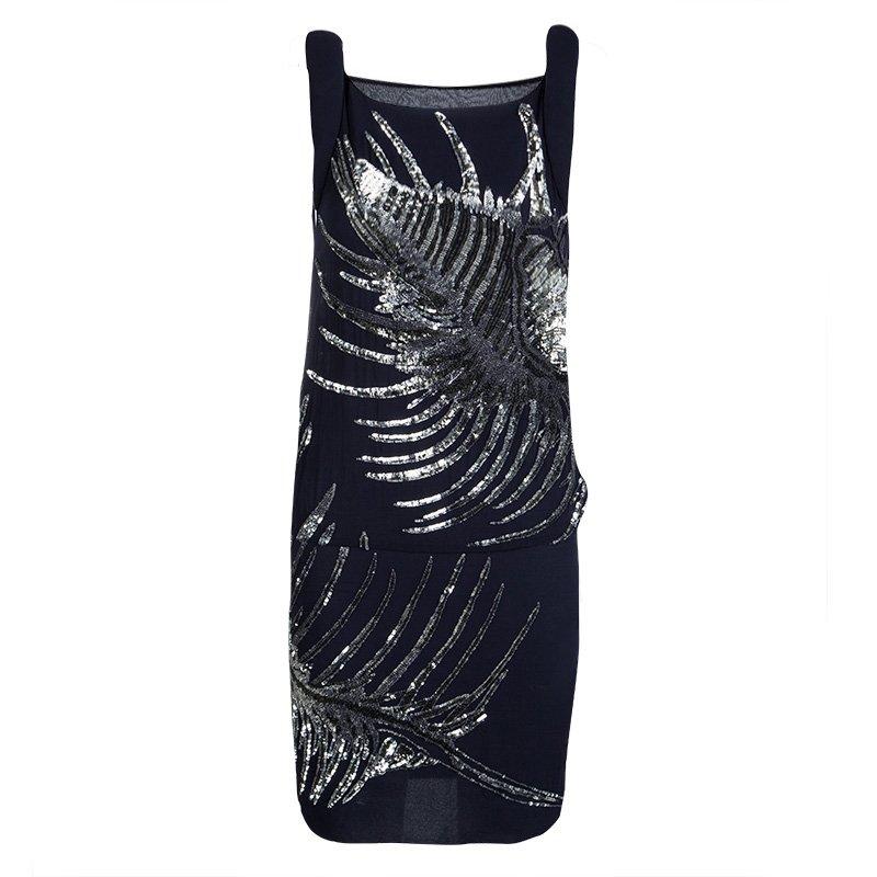 Emilio Pucci Navy Blue Silk Sequin Embellished Drop Waist Sleeveless Dress S