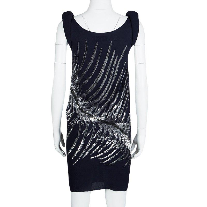 Black Emilio Pucci Navy Blue Silk Sequin Embellished Drop Waist Sleeveless Dress S