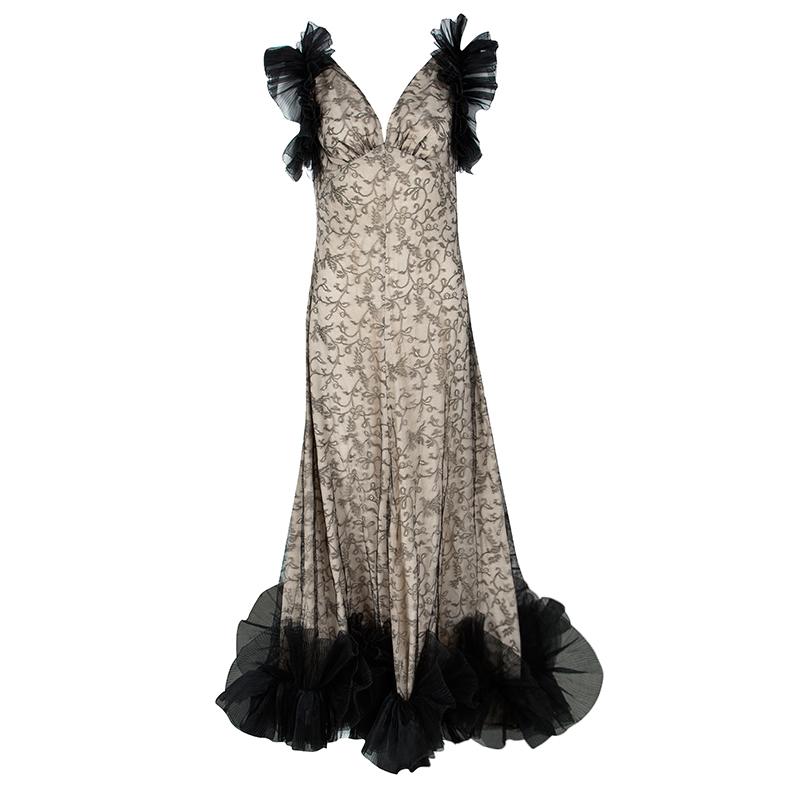 Alexander McQueen Black and Flesh Lace Ruffle Trim Sleeveless Gown M