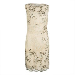 Valentino Beige Embellished Floral Lace Overlay Ruched Sleeveless Dress M Valentino Beige Embellished Floral Lace Overlay Ruched Sleeveless Dress M