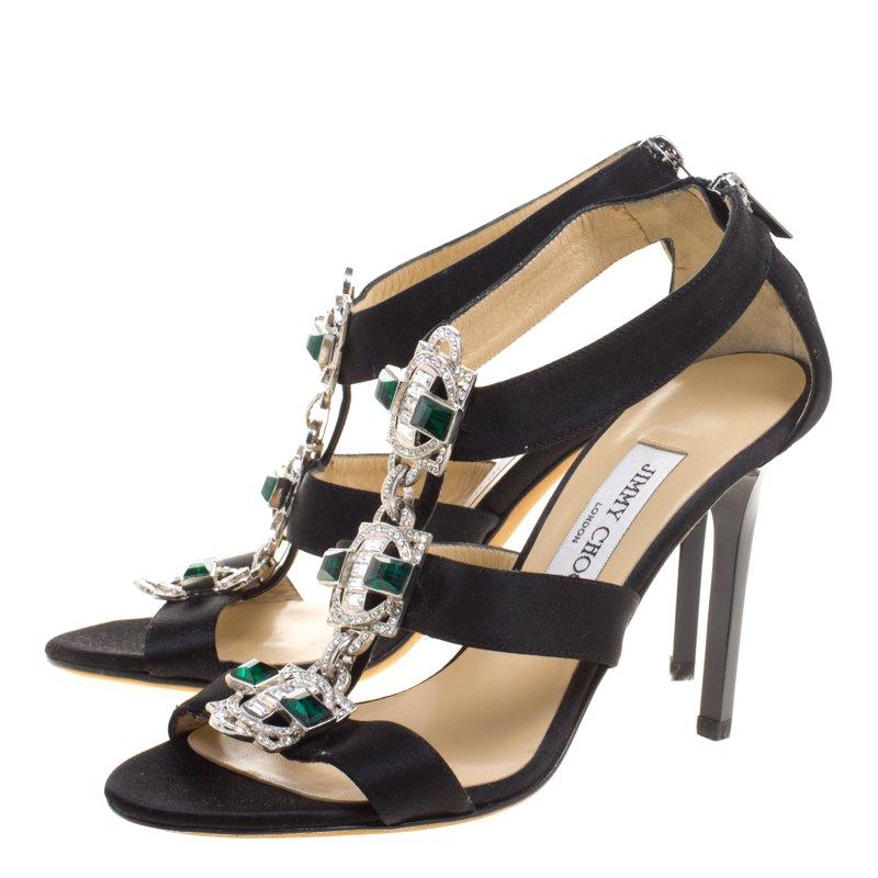 Jimmy Choo Black Satin Crystal Embellished Strappy Sandals Size 38 In New Condition In Dubai, Al Qouz 2