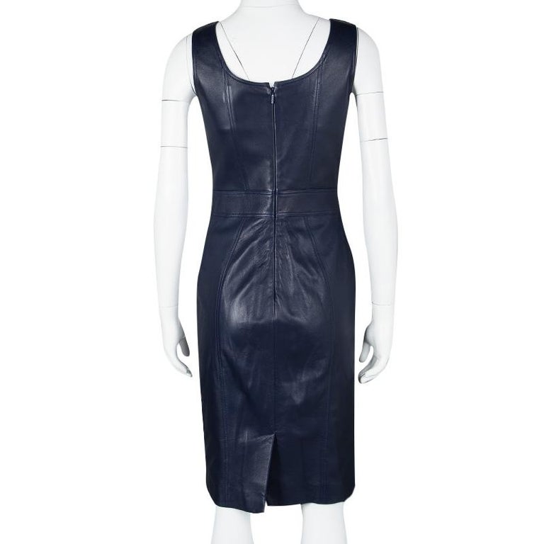 Versace Navy Blue Logo Detail Sleeveless Leather Dress S at 1stdibs