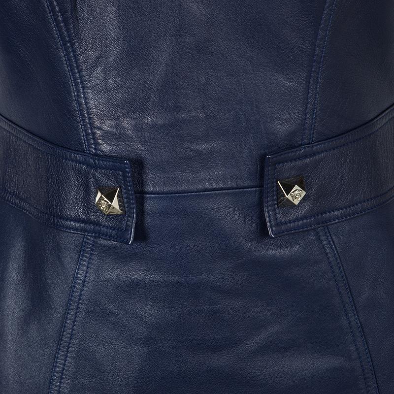 Versace Navy Blue Logo Detail Sleeveless Leather Dress S In Good Condition In Dubai, Al Qouz 2