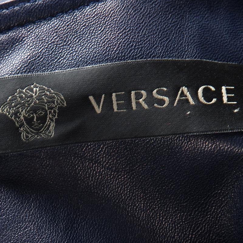 Women's Versace Navy Blue Logo Detail Sleeveless Leather Dress S