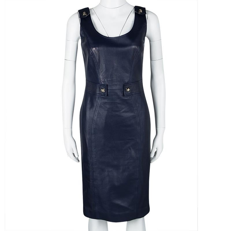 Black Versace Navy Blue Logo Detail Sleeveless Leather Dress S