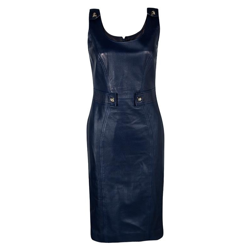 Versace Navy Blue Logo Detail Sleeveless Leather Dress S