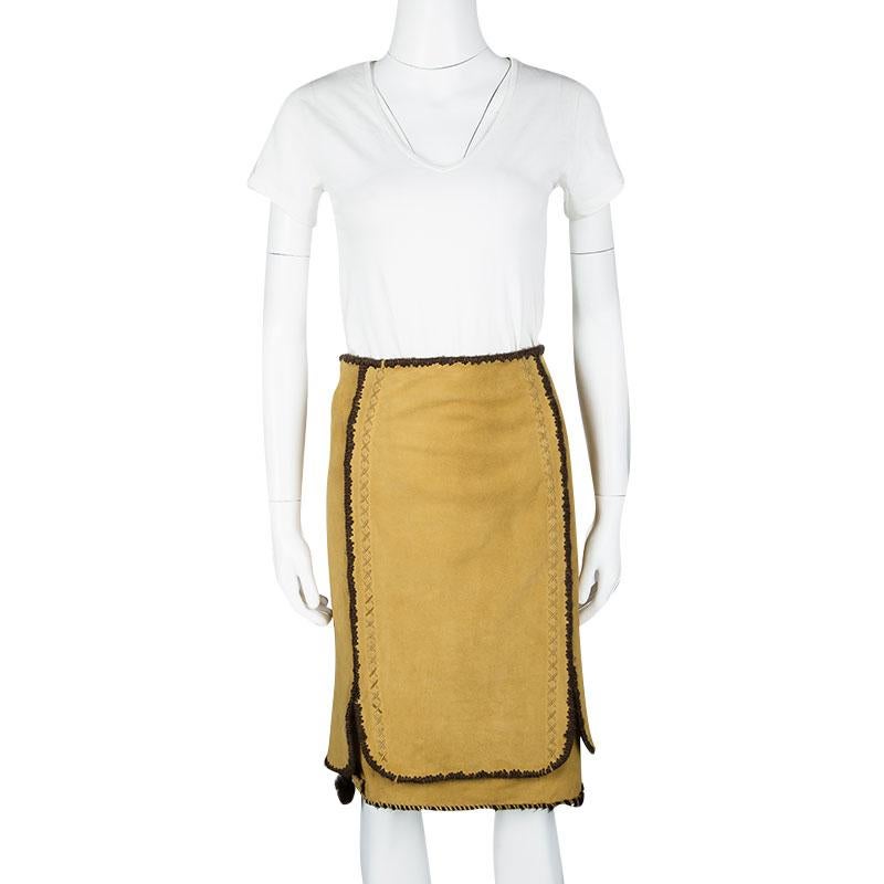 Brown Yves Saint Laurent Paris Mustard Suede Contrast Trim Skirt S