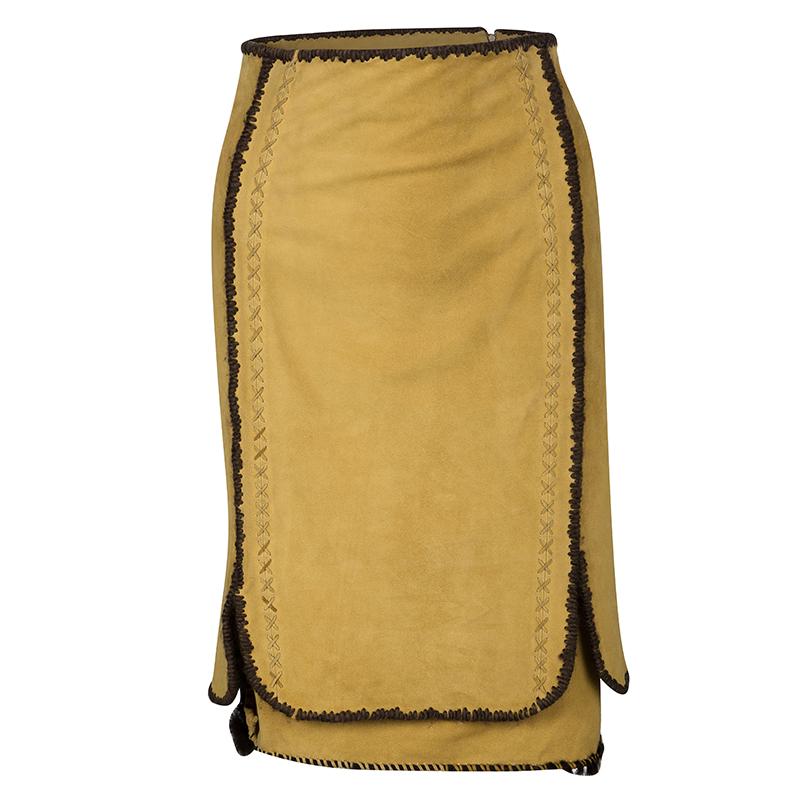 Yves Saint Laurent Paris Mustard Suede Contrast Trim Skirt S