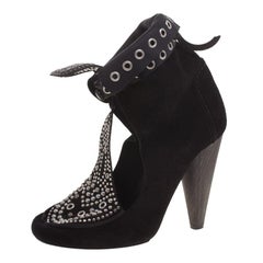 Used Isabel Marant Black Suede Mossa Studded Cutout Ankle Boots Size 39