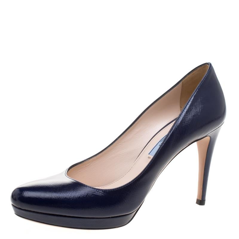 Prada Blue Saffiano Leather Platform Pumps Size 37.5