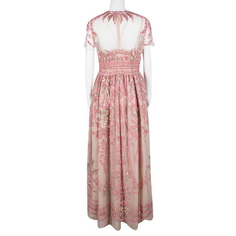 Beige Valentino Pink Sequin Embellished Tulle Gown L