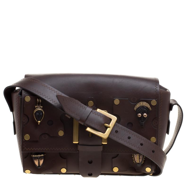 Valentino Dark Brown Leather Tribal Studs Box Bag